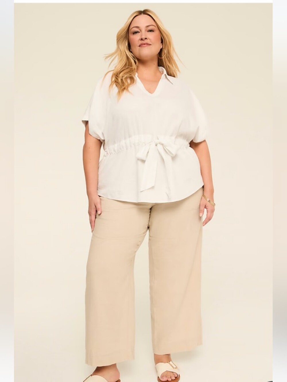 Lane Bryant Linen Wide Pants With Drawstring In Natural Beige Size 18/20